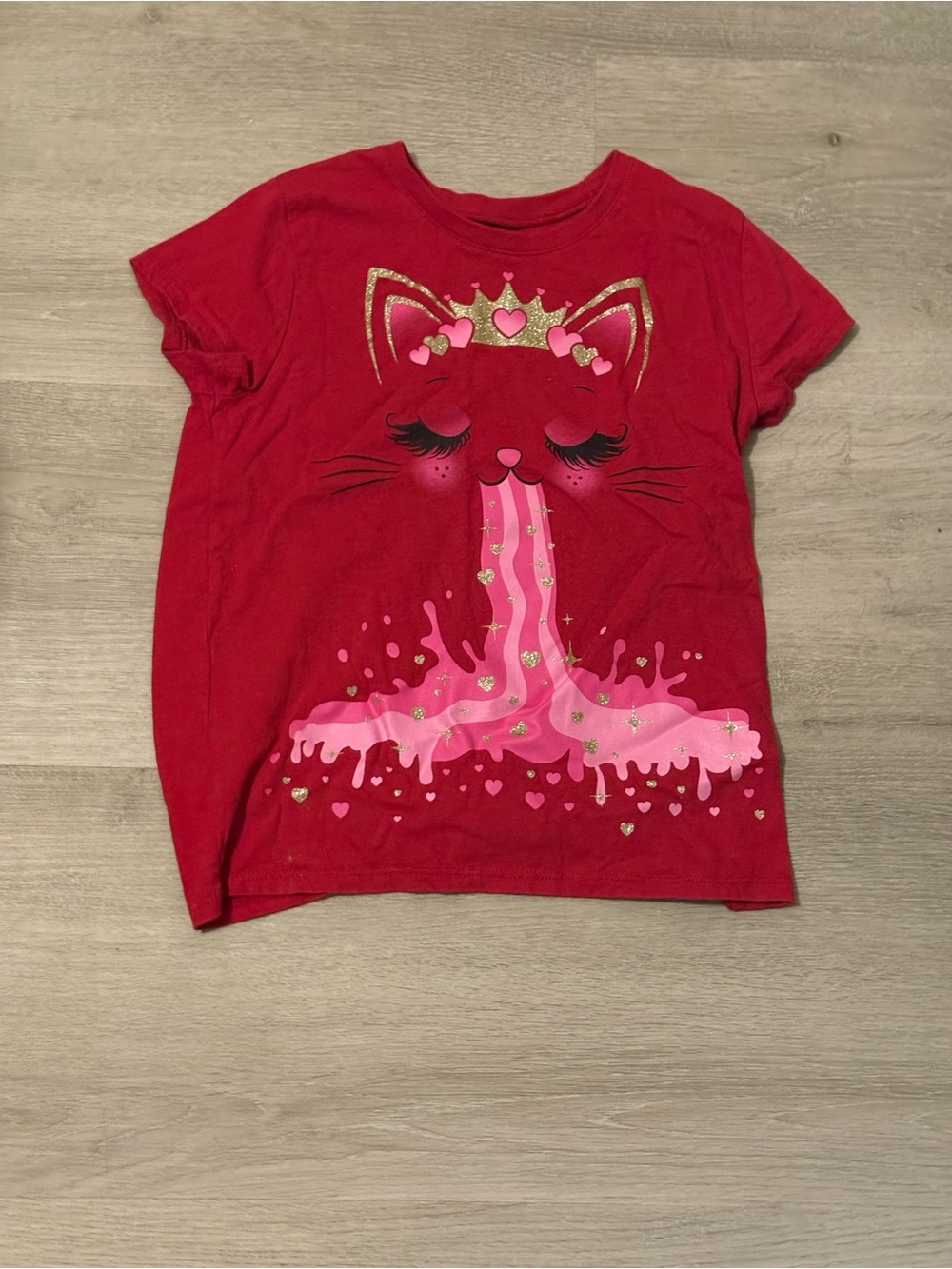 The Children's Place Red Short Sleeve Tee with Pink Cat Pour and Gold Crown